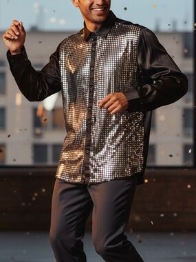 Jogal Men's Black Button-Down Shirt with Silver Sequin Grid XL